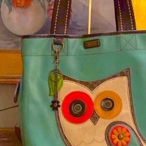Chala Turquoise Owl Tote Bag with Brown Accents.